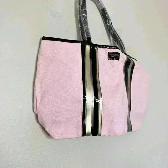 Victoria Secret TRAVEL Glass Stripe City Tote Bag BEACH Wristlet Pink Black Ltd - Picture 2 of 5